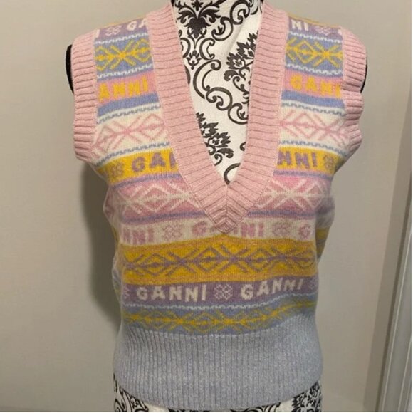 NWOT GANNI Graphic Multicolor V-Neck Sweater Wool Knit Sleeveless Vest - Picture 2 of 3